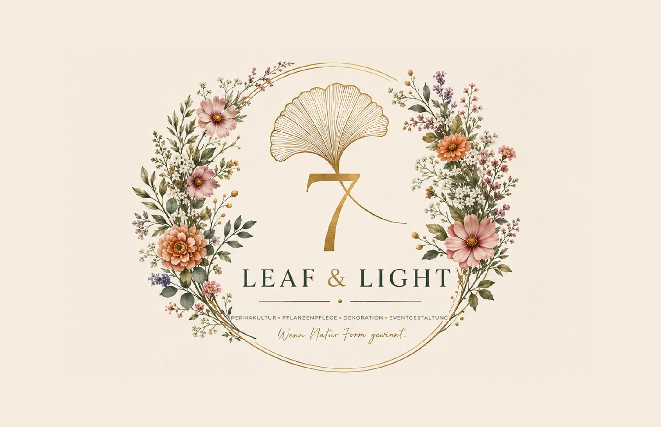 Leaf & Light Logo: goldenes Ginkgoblatt über einer 7 im Blumenkranz, darunter Permakultur, Pflanzenpflege, Dekoration, Eventgestaltung und der Satz „Wenn Natur Form gewinnt.“